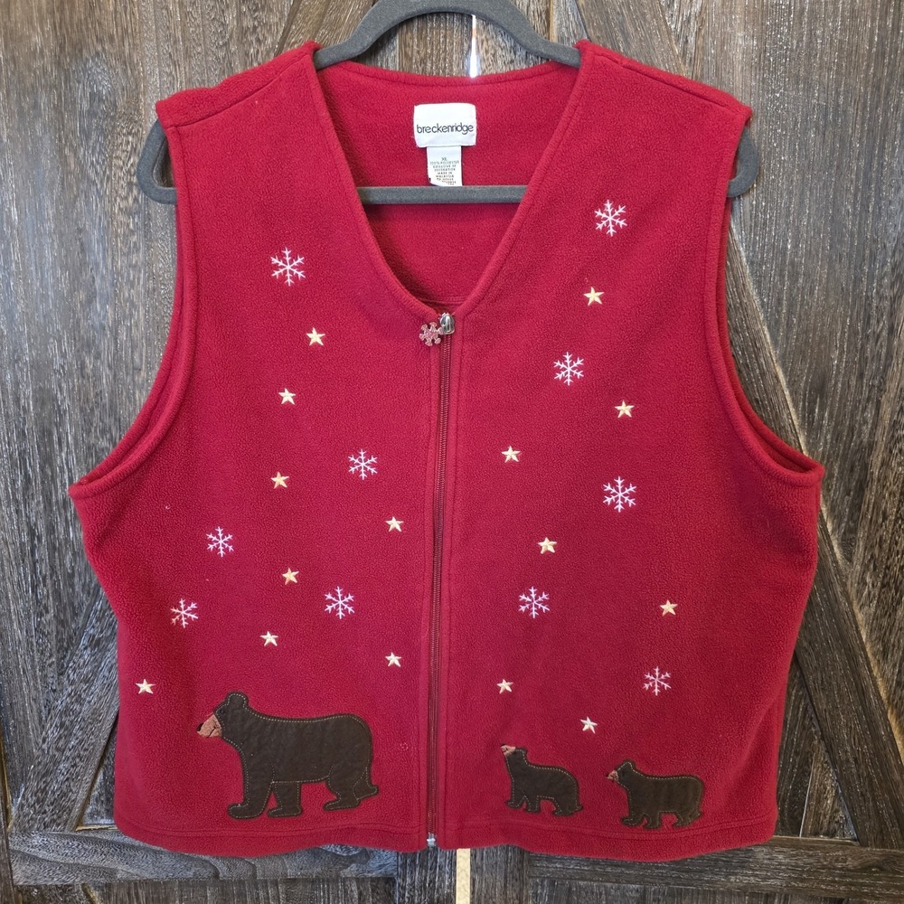 Breckenridge Vest Women's Size XL Red Fleece Snowflakes Stars Bear Applique Zip